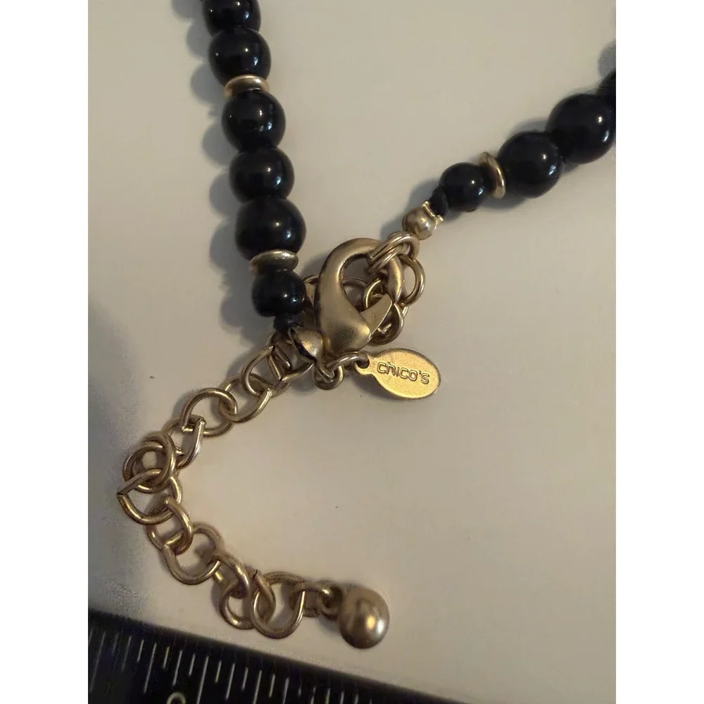 Chicos Black Red Beaded Statement Necklace Long Tassel Pendant Gold Tone Clasp‎